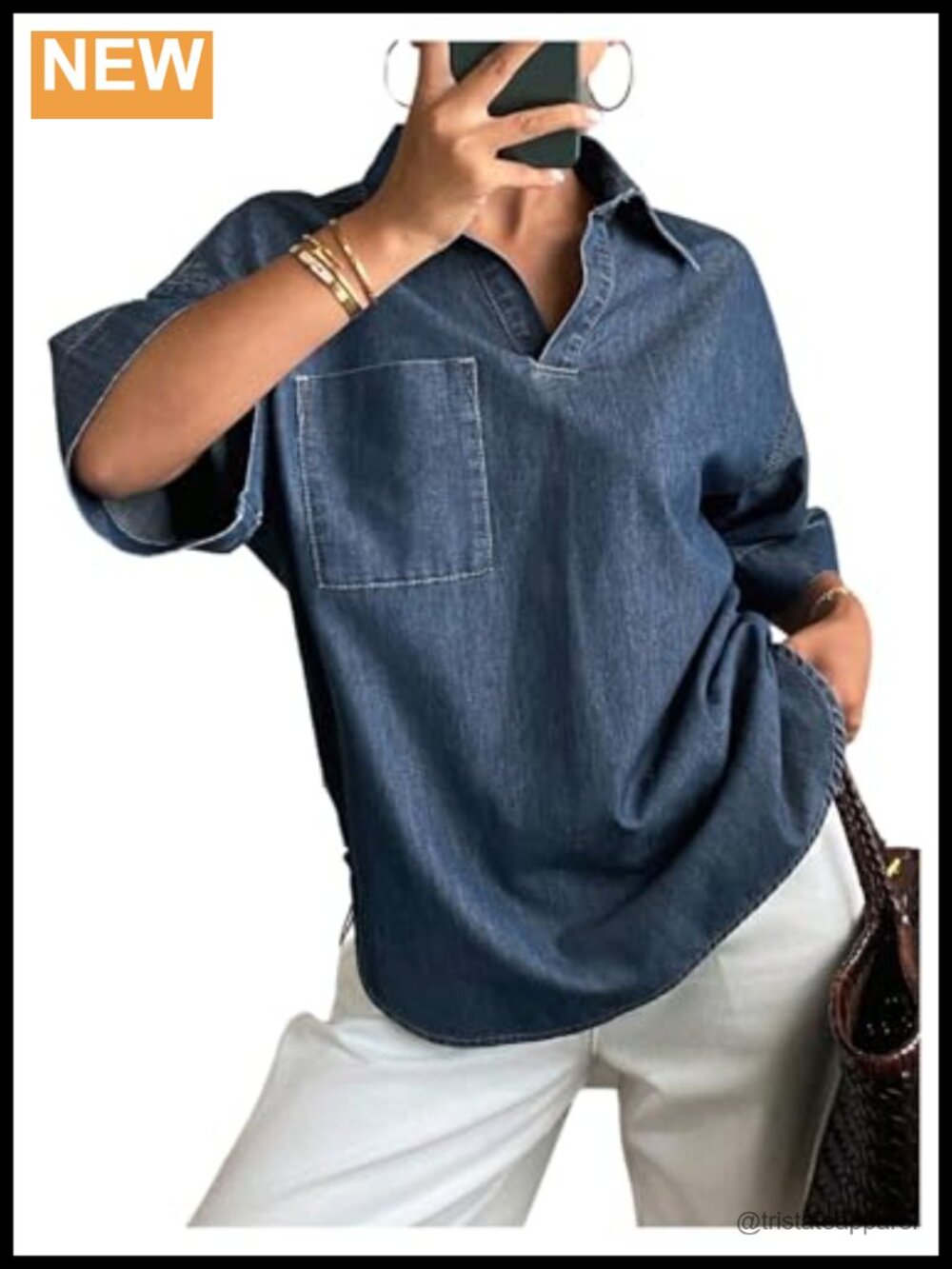 Women's Denim Jean Button Down Blouse Short Sleeve V Neck